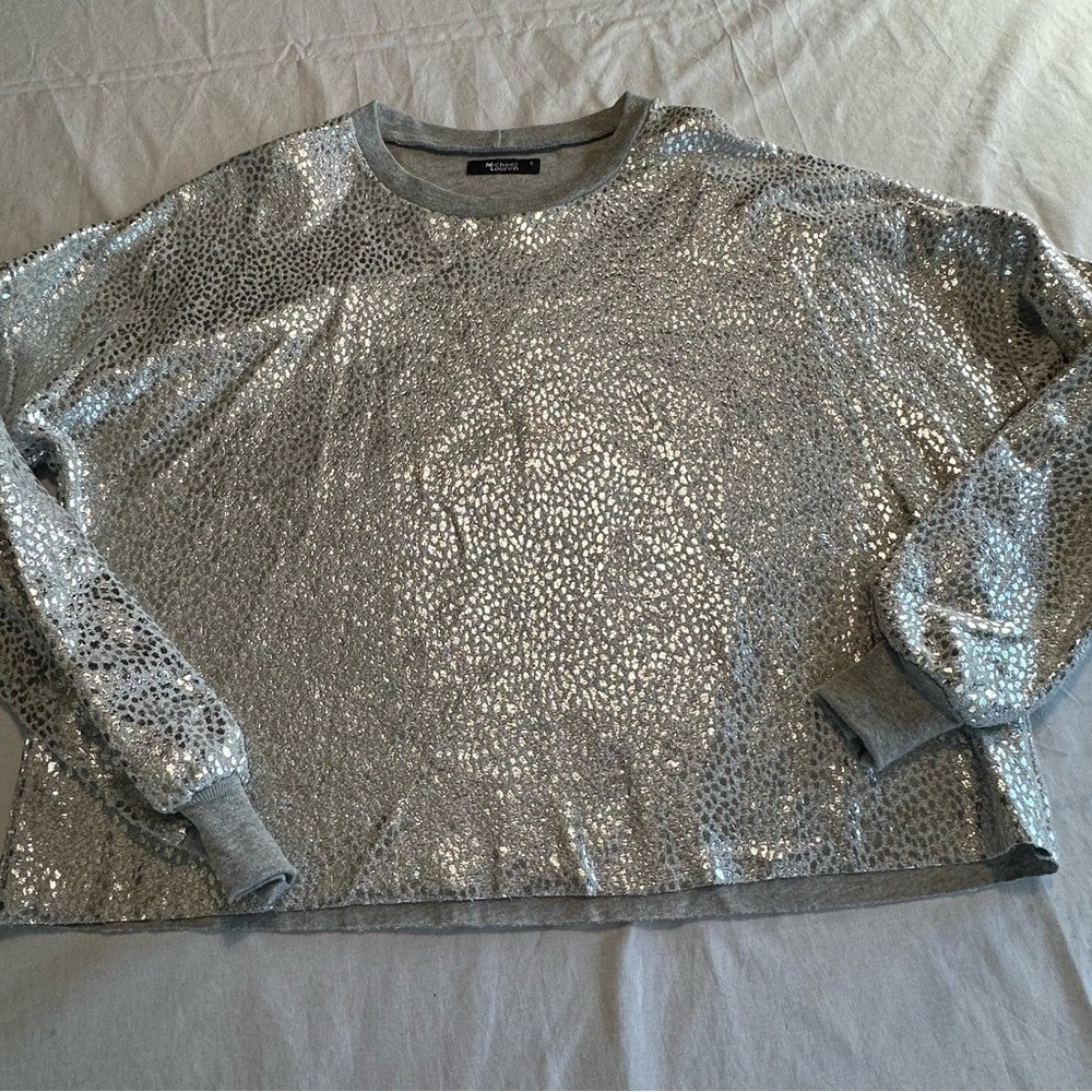 NWOT Michael Lauren Sz Small Silver Metallic Textured Crop‎ Sweatshirt - Picture 3 of 10